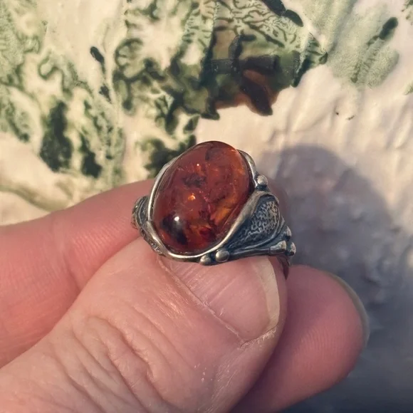 Vintage Sterling Silver Baltic Amber Ring Cognac Cabochon Size 4.5 - Picture 1 of 6